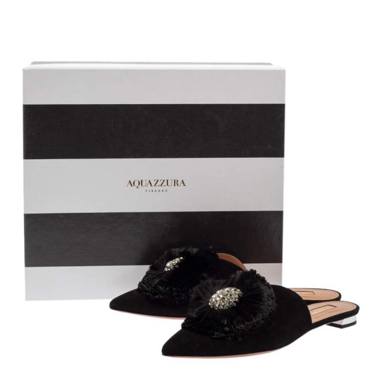 Pre Owned Aquazzura Black Suede Powder Puff Crystal Embellished Flat Sandals Size 37.5