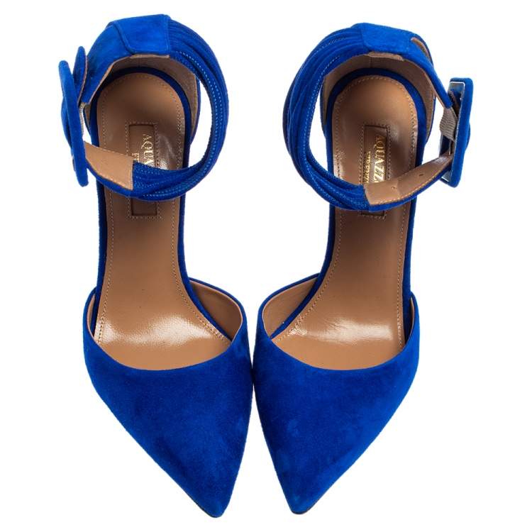Pre Owned Aquazzura Blue Suede Casablanca Ankle Cuff Pumps Size 35