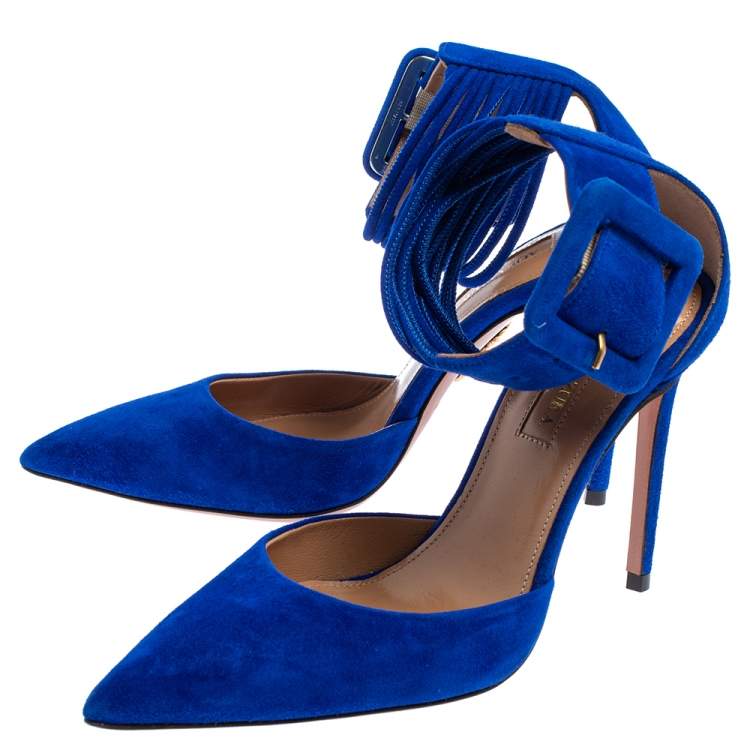 Pre Owned Aquazzura Blue Suede Casablanca Ankle Cuff Pumps Size 35