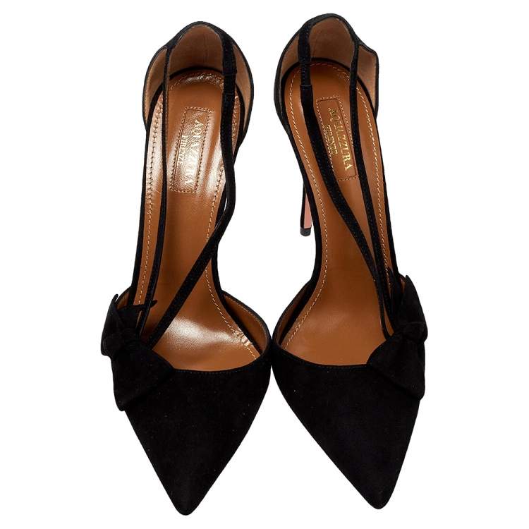Pre Owned Aquazzura Black Suede Parisienne Bow Detail Pumps Size 38.5