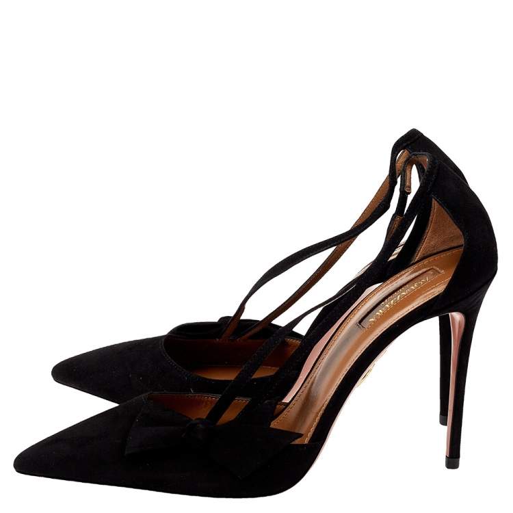 Pre Owned Aquazzura Black Suede Parisienne Bow Detail Pumps Size 38.5