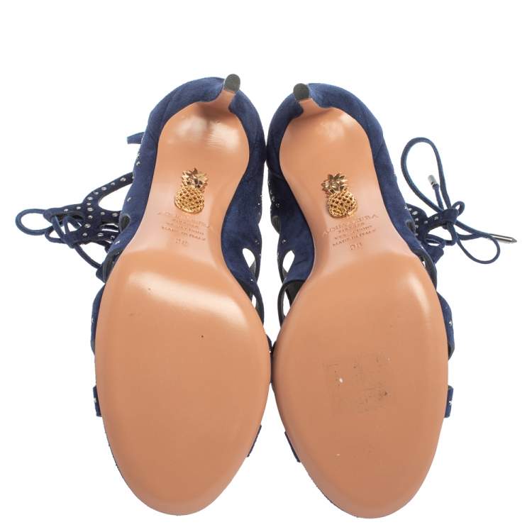 Pre Owned Aquazzura Blue Suede Begum Studded  Cut Out  Lace Up Sandals Size 38