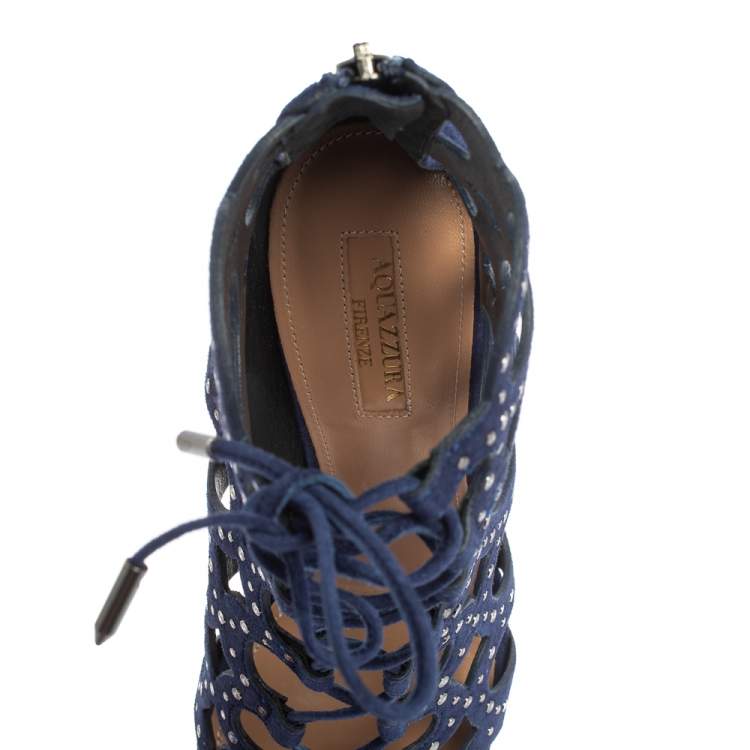 Pre Owned Aquazzura Blue Suede Begum Studded  Cut Out  Lace Up Sandals Size 38
