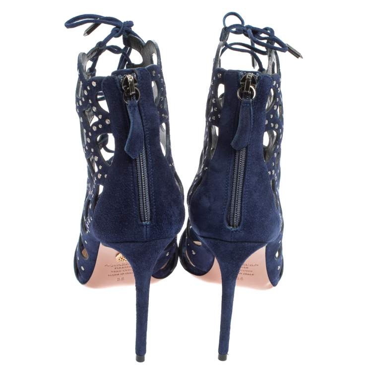 Pre Owned Aquazzura Blue Suede Begum Studded  Cut Out  Lace Up Sandals Size 38