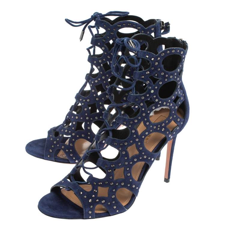 Pre Owned Aquazzura Blue Suede Begum Studded  Cut Out  Lace Up Sandals Size 38