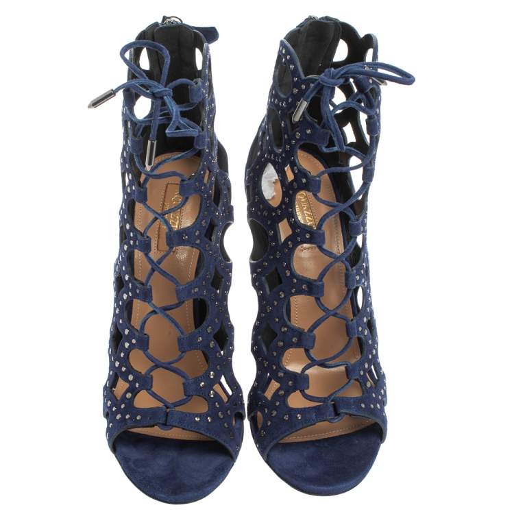 Pre Owned Aquazzura Blue Suede Begum Studded  Cut Out  Lace Up Sandals Size 38