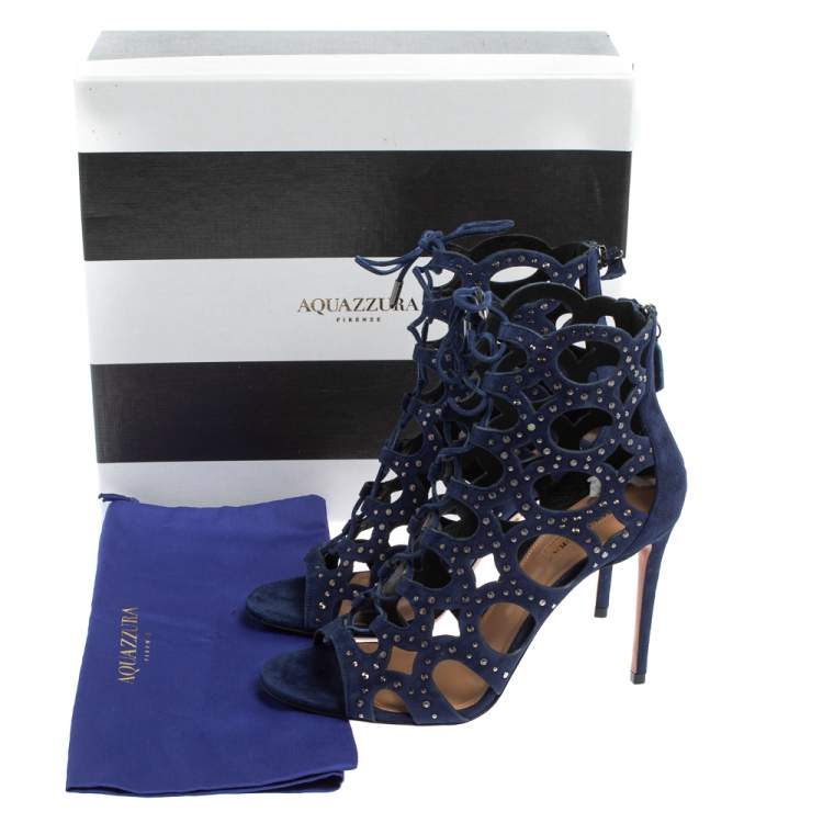 Pre Owned Aquazzura Blue Suede Begum Studded  Cut Out  Lace Up Sandals Size 38