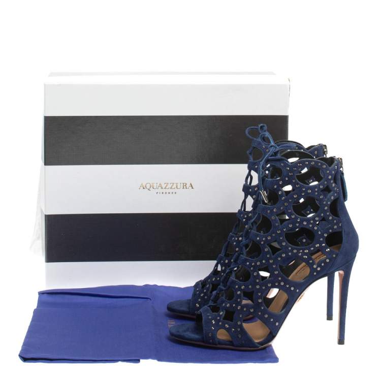 Pre Owned Aquazzura Blue Suede Begum Studded Cut Out Lace Up Sandals Size 37.5