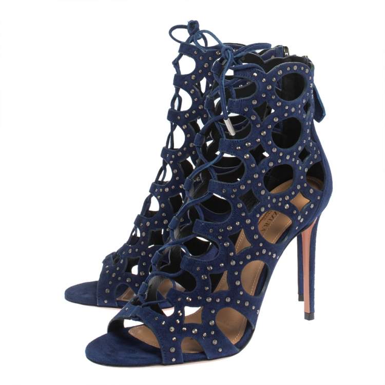 Pre Owned Aquazzura Blue Suede Begum Studded Cut Out Lace Up Sandals Size 37.5
