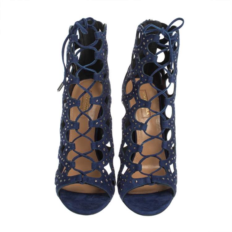 Pre Owned Aquazzura Blue Suede Begum Studded Cut Out Lace Up Sandals Size 37.5