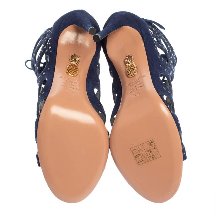 Pre Owned Aquazzura Blue Suede Begum Studded Cut Out Lace Up Sandals Size 37.5