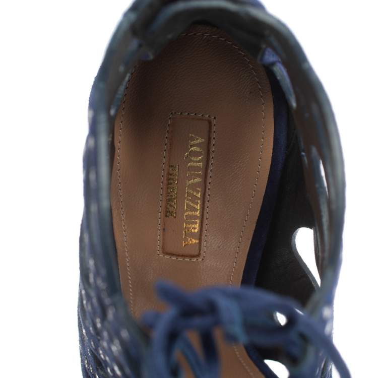 Pre Owned Aquazzura Blue Suede Begum Studded Cut Out Lace Up Sandals Size 37.5
