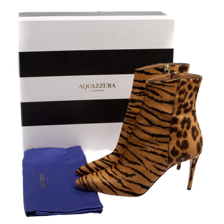 Pre Owned Aquazzura Brown Leopard Print Calf Hair Alma Boots Size 36