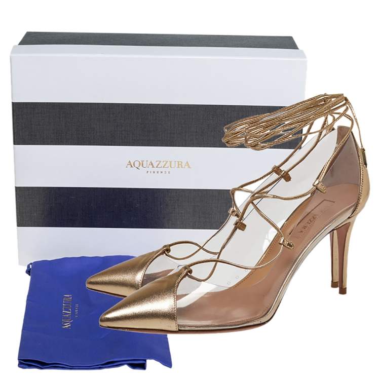 مملوكة مسبقًا Aquazzura Gold Leather And PVC Magic Ankle Wrap Pumps Size 37.5