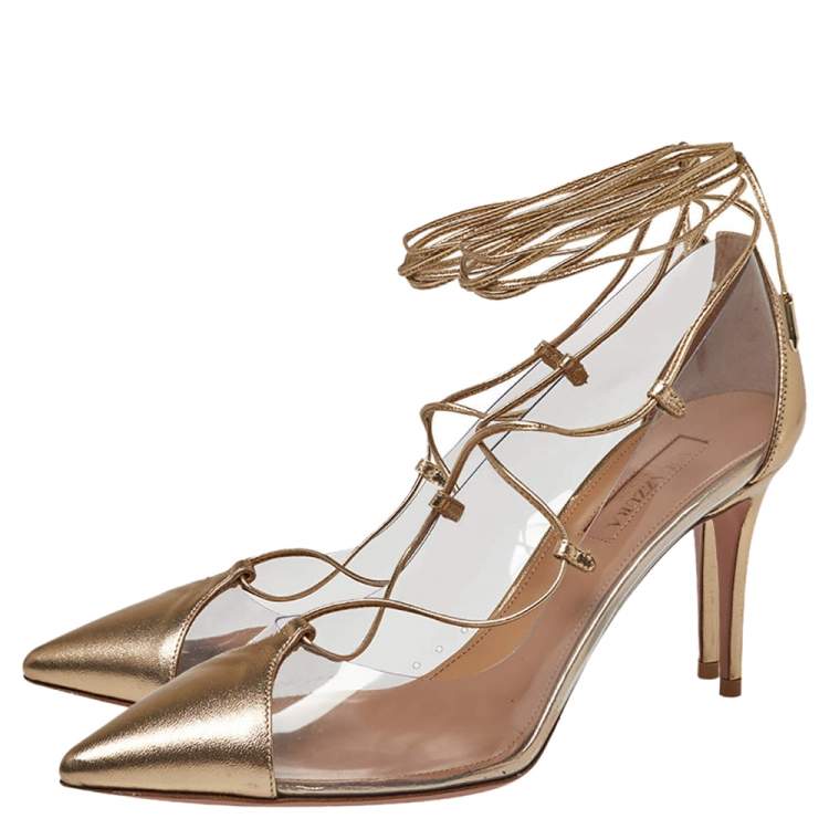 مملوكة مسبقًا Aquazzura Gold Leather And PVC Magic Ankle Wrap Pumps Size 37.5