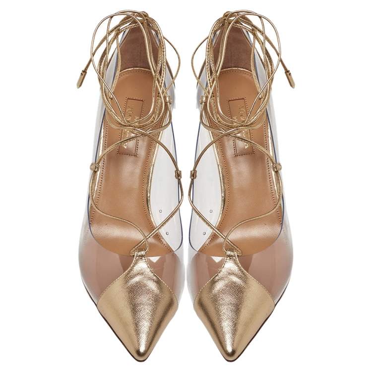 مملوكة مسبقًا Aquazzura Gold Leather And PVC Magic Ankle Wrap Pumps Size 37.5