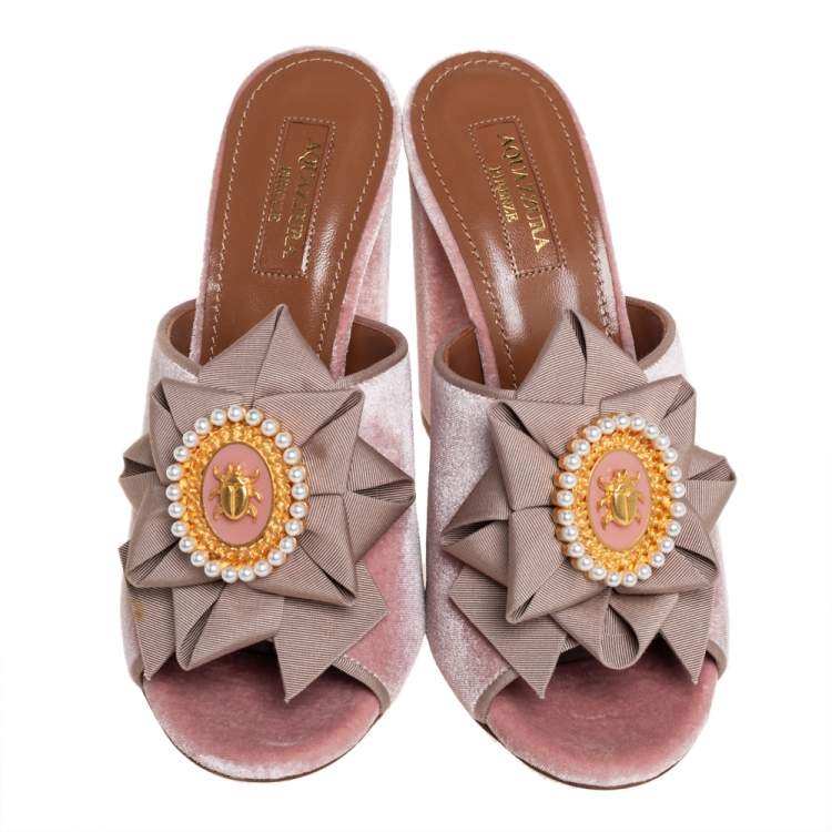 Pre Owned Aquazzura Pink Velvet And Fabric Embellished Slide Sandals Size 36.5