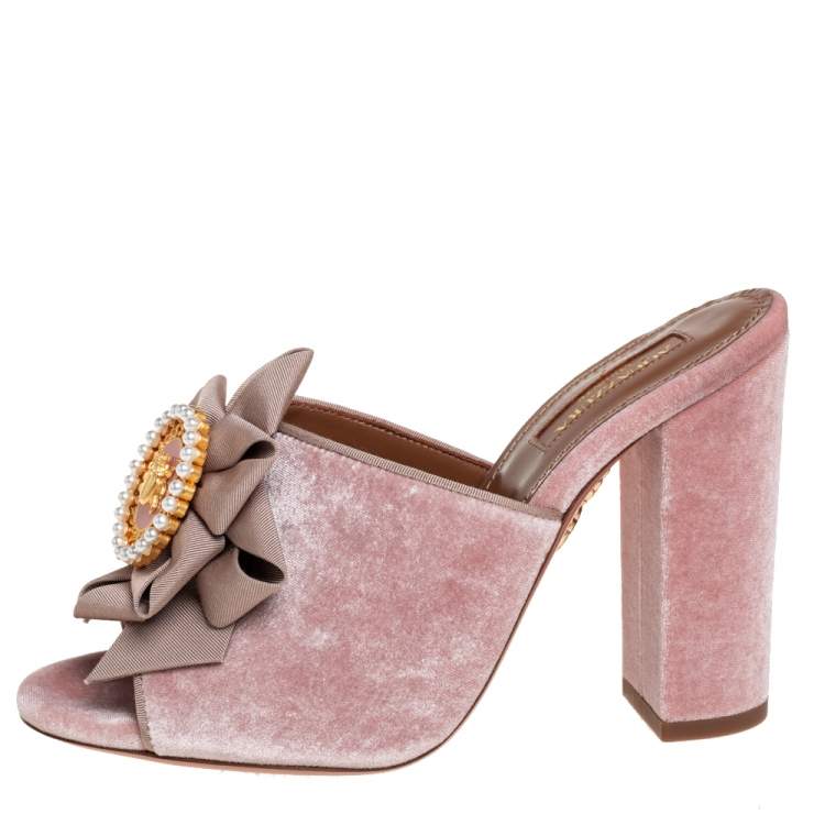 Pre Owned Aquazzura Pink Velvet And Fabric Embellished Slide Sandals Size 36.5