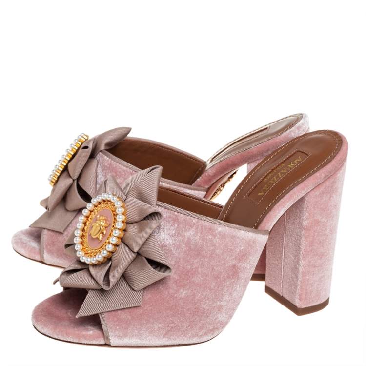 Pre Owned Aquazzura Pink Velvet And Fabric Embellished Slide Sandals Size 36.5