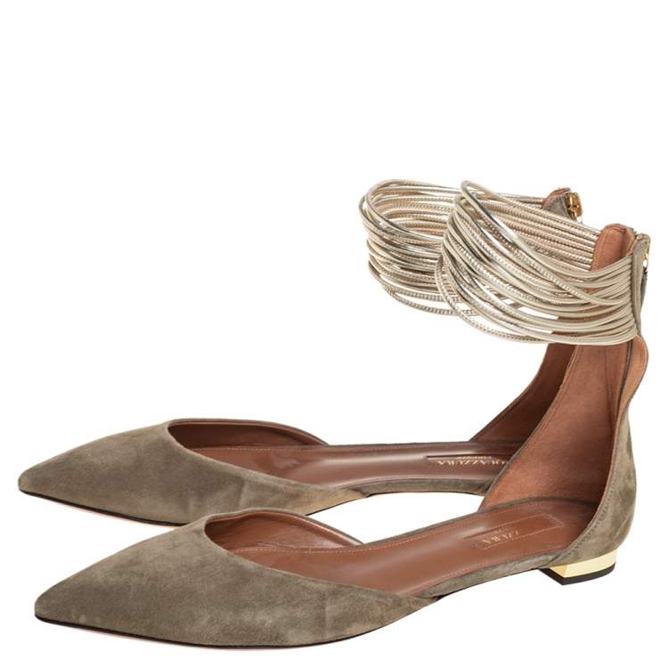 Pre Owned Aquazzura Olive Green Suede Hello Lover Flat Ankle Wrap Sandals Size 39
