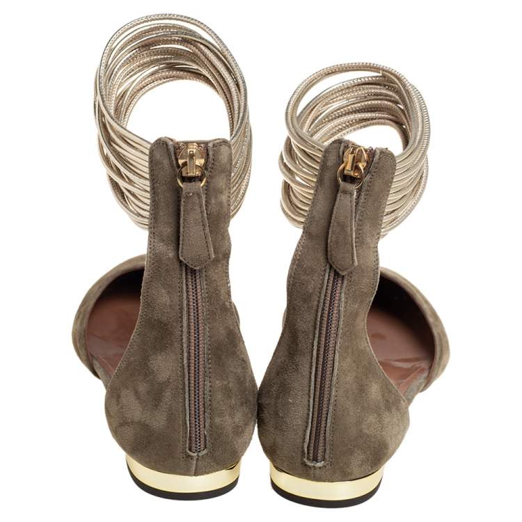 Pre Owned Aquazzura Olive Green Suede Hello Lover Flat Ankle Wrap Sandals Size 39