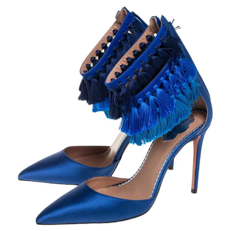 Pre Owned Claudia Schiffer For Aquazzura Blue Satin And Suede Tasseled Loulou Pumps Size 36