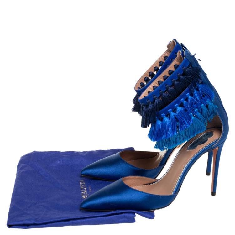 Pre Owned Claudia Schiffer For Aquazzura Blue Satin And Suede Tasseled Loulou Pumps Size 36