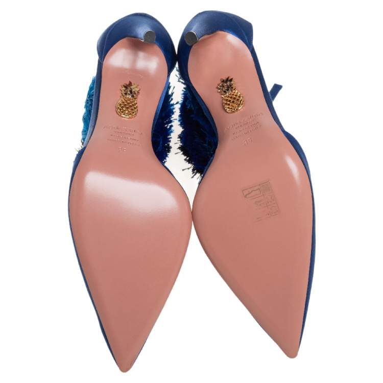 Pre Owned Claudia Schiffer For Aquazzura Blue Satin And Suede Tasseled Loulou Pumps Size 36