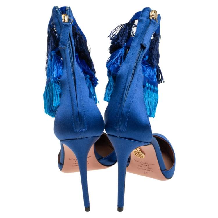 Pre Owned Claudia Schiffer For Aquazzura Blue Satin And Suede Tasseled Loulou Pumps Size 36