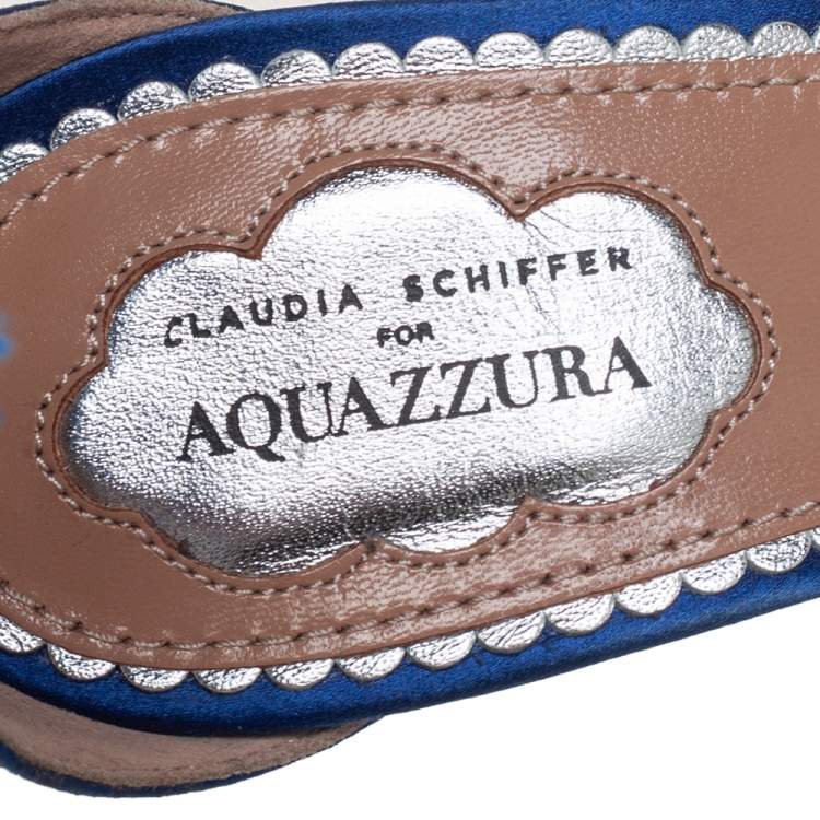 Pre Owned Claudia Schiffer For Aquazzura Blue Satin And Suede Tasseled Loulou Pumps Size 36