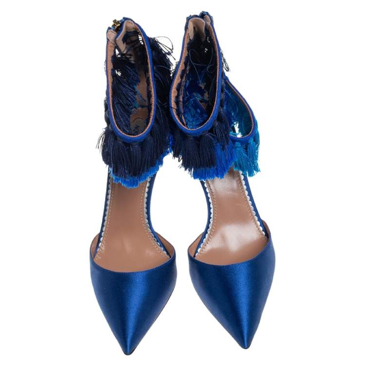 Pre Owned Claudia Schiffer For Aquazzura Blue Satin And Suede Tasseled Loulou Pumps Size 36