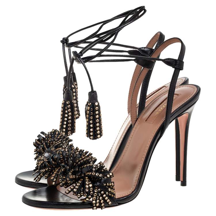 Pre Owned Aquazzura Black Leather Embellishment Ankle Wrap Sandals Size 37.5