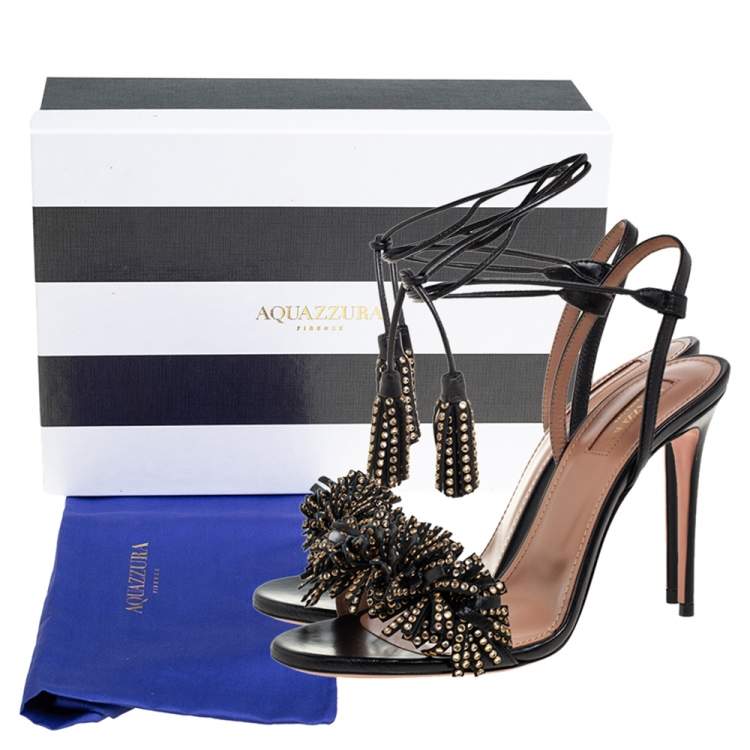 Pre Owned Aquazzura Black Leather Embellishment Ankle Wrap Sandals Size 37.5