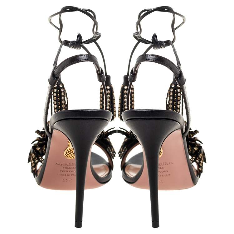 Pre Owned Aquazzura Black Leather Embellishment Ankle Wrap Sandals Size 37.5