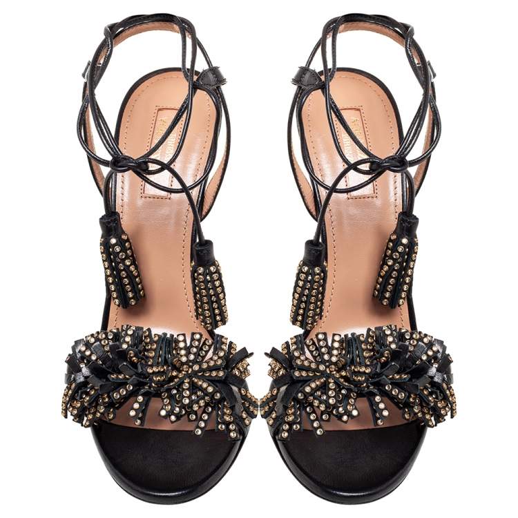 Pre Owned Aquazzura Black Leather Embellishment Ankle Wrap Sandals Size 37.5