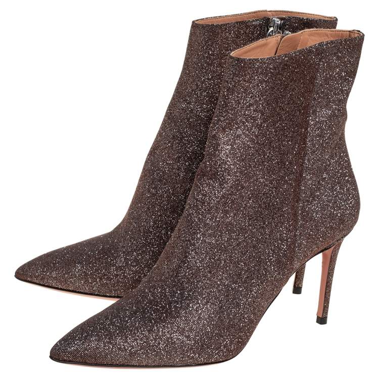 Pre Owned Aquazzura Brown Lurex Fabric Ankle Boots Size 37