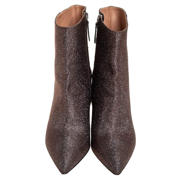 Pre Owned Aquazzura Brown Lurex Fabric Ankle Boots Size 37