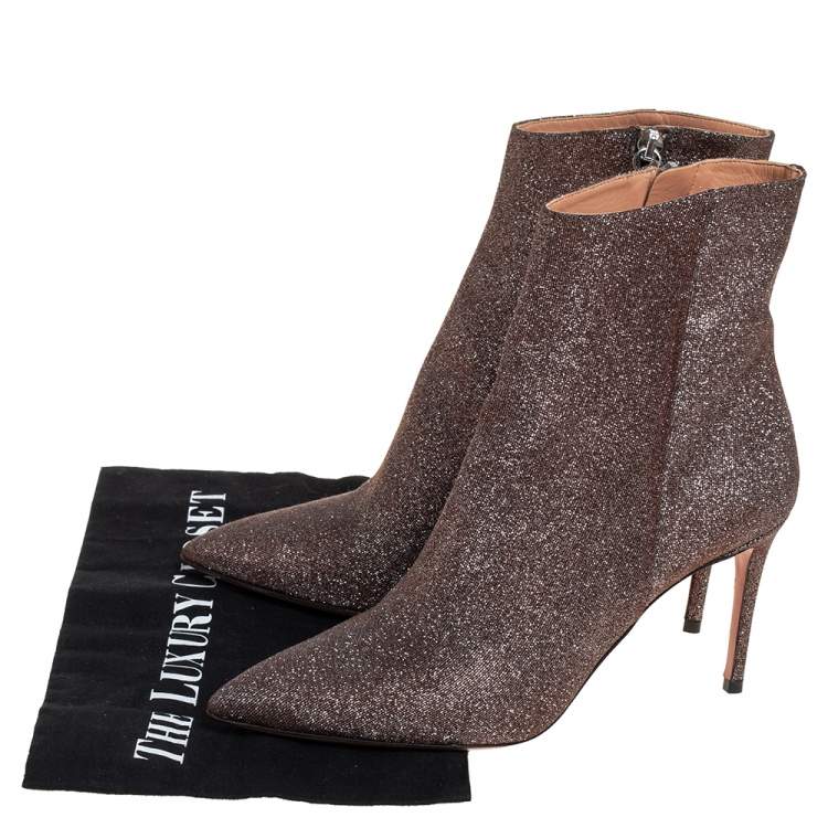 Pre Owned Aquazzura Brown Lurex Fabric Ankle Boots Size 37