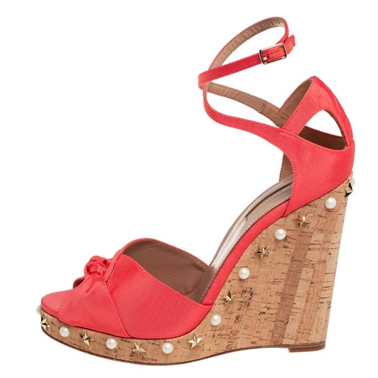 Pre Owned Aquazzura Coral Orange Fabric Harlow Embellished Wedge Sandals Size 40
