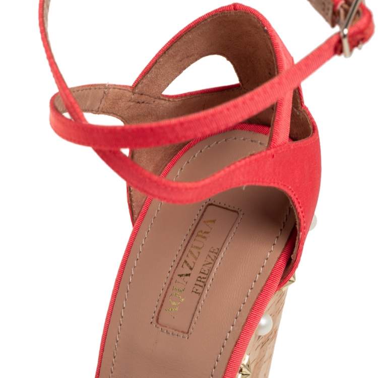 Pre Owned Aquazzura Coral Orange Fabric Harlow Embellished Wedge Sandals Size 40