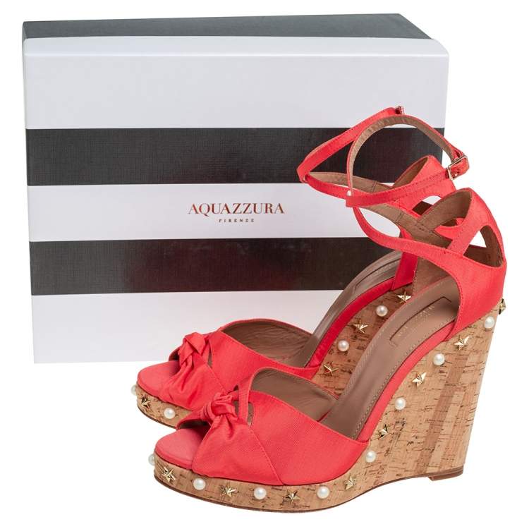 Pre Owned Aquazzura Coral Orange Fabric Harlow Embellished Wedge Sandals Size 40