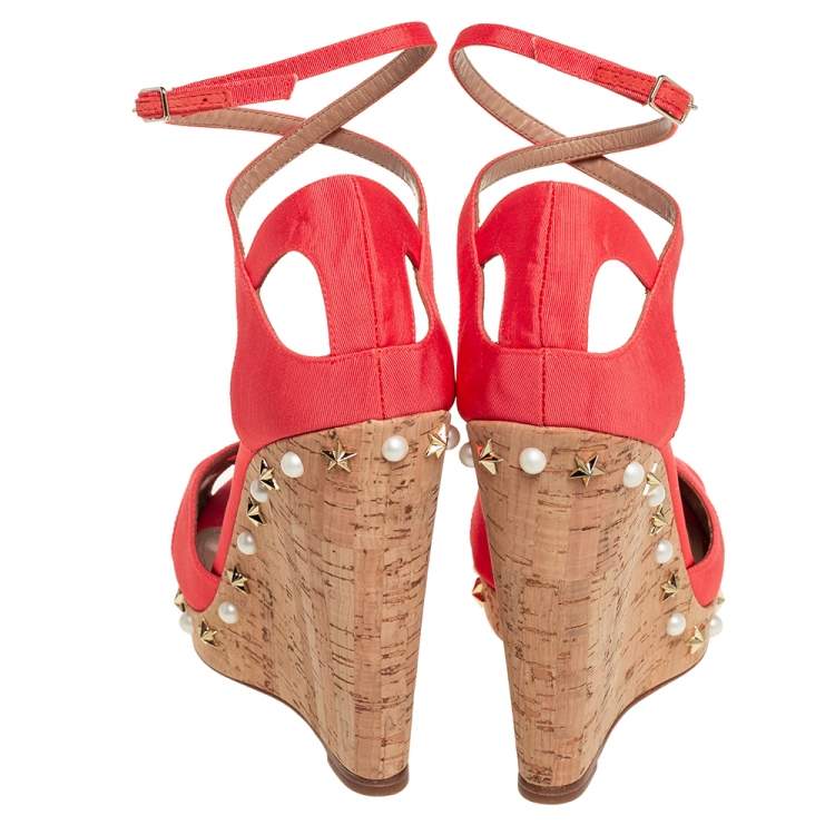 Pre Owned Aquazzura Coral Orange Fabric Harlow Embellished Wedge Sandals Size 40