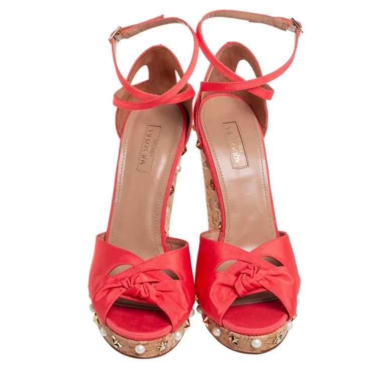Pre Owned Aquazzura Coral Orange Fabric Harlow Embellished Wedge Sandals Size 40