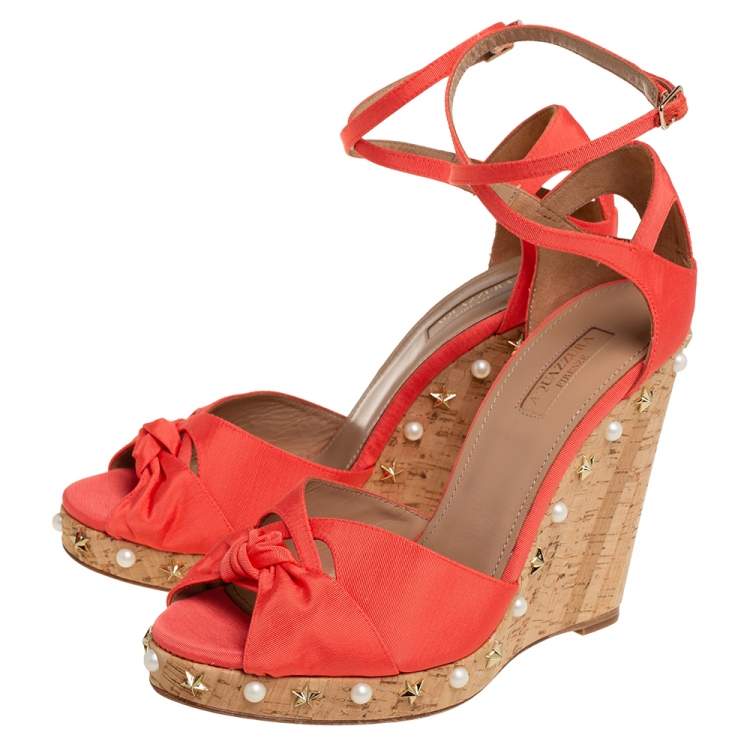 Pre Owned Aquazzura Coral Orange Fabric Harlow Embellished Wedge Sandals Size 40