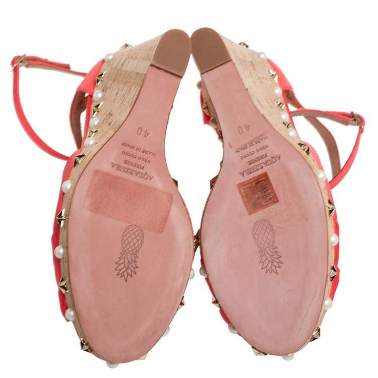 Pre Owned Aquazzura Coral Orange Fabric Harlow Embellished Wedge Sandals Size 40