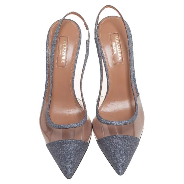 Pre Owned Aquazzura Silver Glitter And PVC Temptation Slingback Sandals Size 37