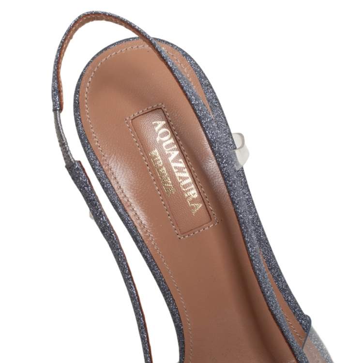 Pre Owned Aquazzura Silver Glitter And PVC Temptation Slingback Sandals Size 37