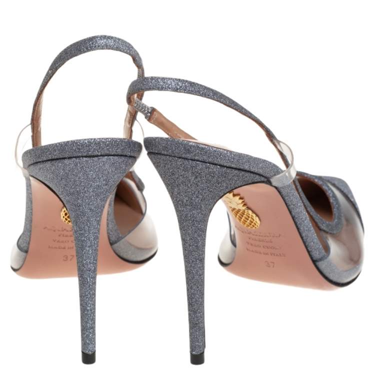 Pre Owned Aquazzura Silver Glitter And PVC Temptation Slingback Sandals Size 37