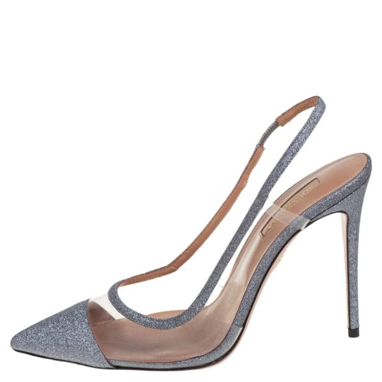 Pre Owned Aquazzura Silver Glitter And PVC Temptation Slingback Sandals Size 37