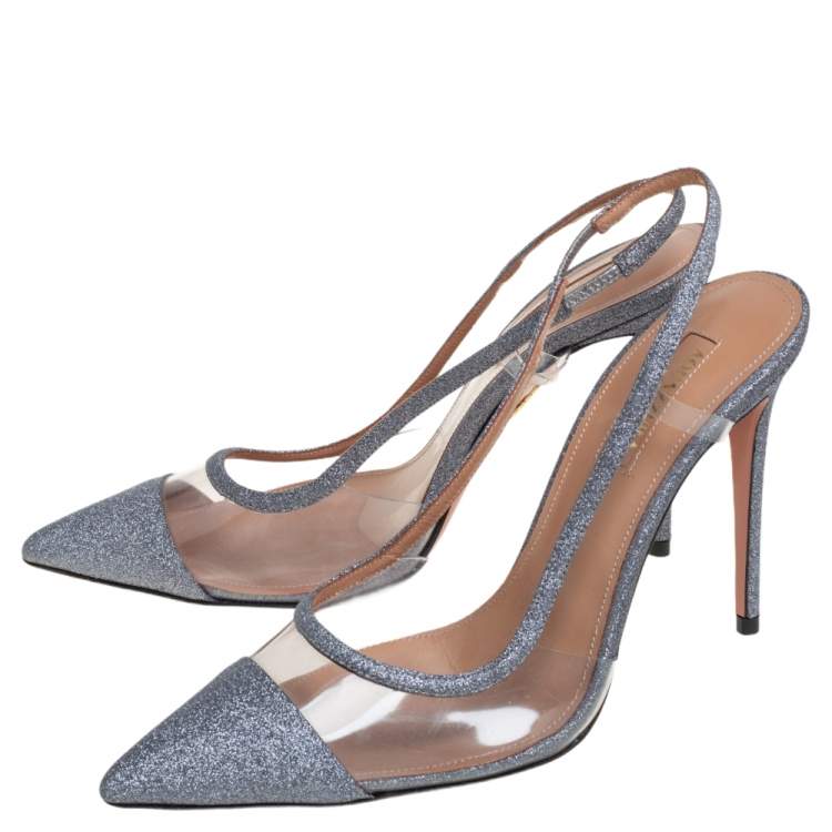 Pre Owned Aquazzura Silver Glitter And PVC Temptation Slingback Sandals Size 37